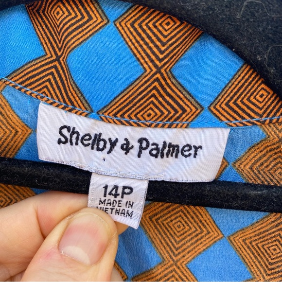 Blue and orange retro style midi dress rolled short sleeve button front size 14P - Picture 7 of 10